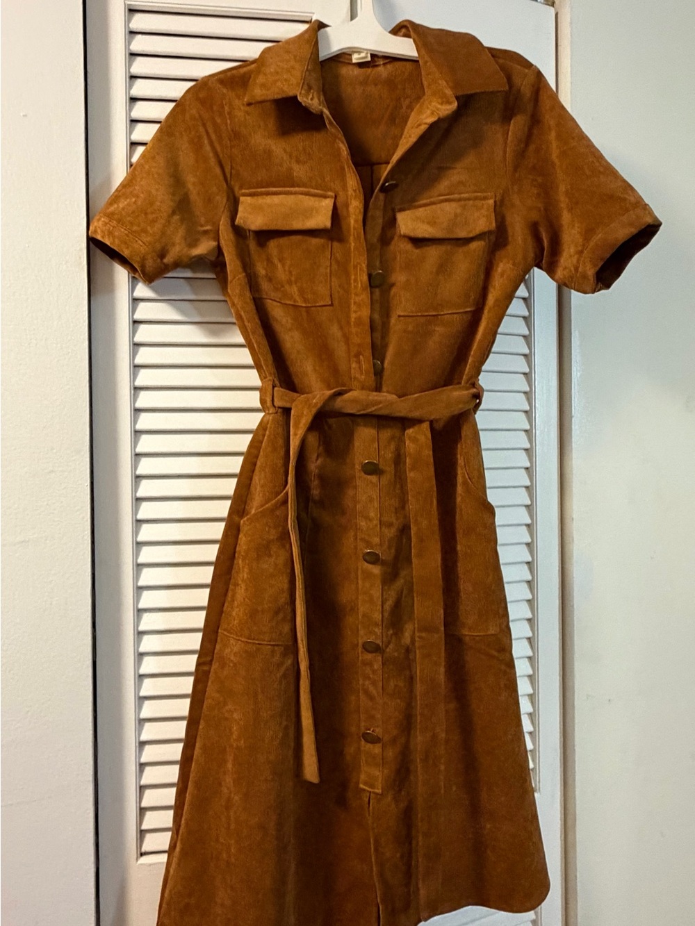 Monteau Short-Sleeve Button-Front Belted Dress in Burnt Orange